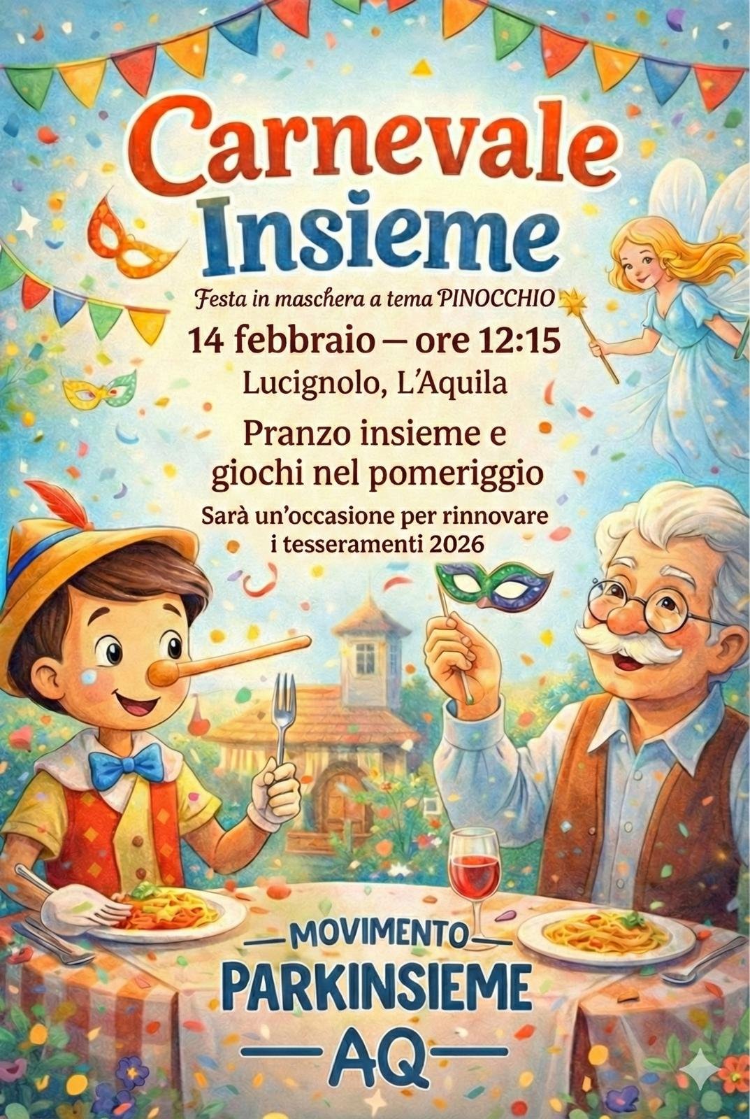 Locandina di Carnevale Insieme 2026, festa in maschera a tema Pinocchio